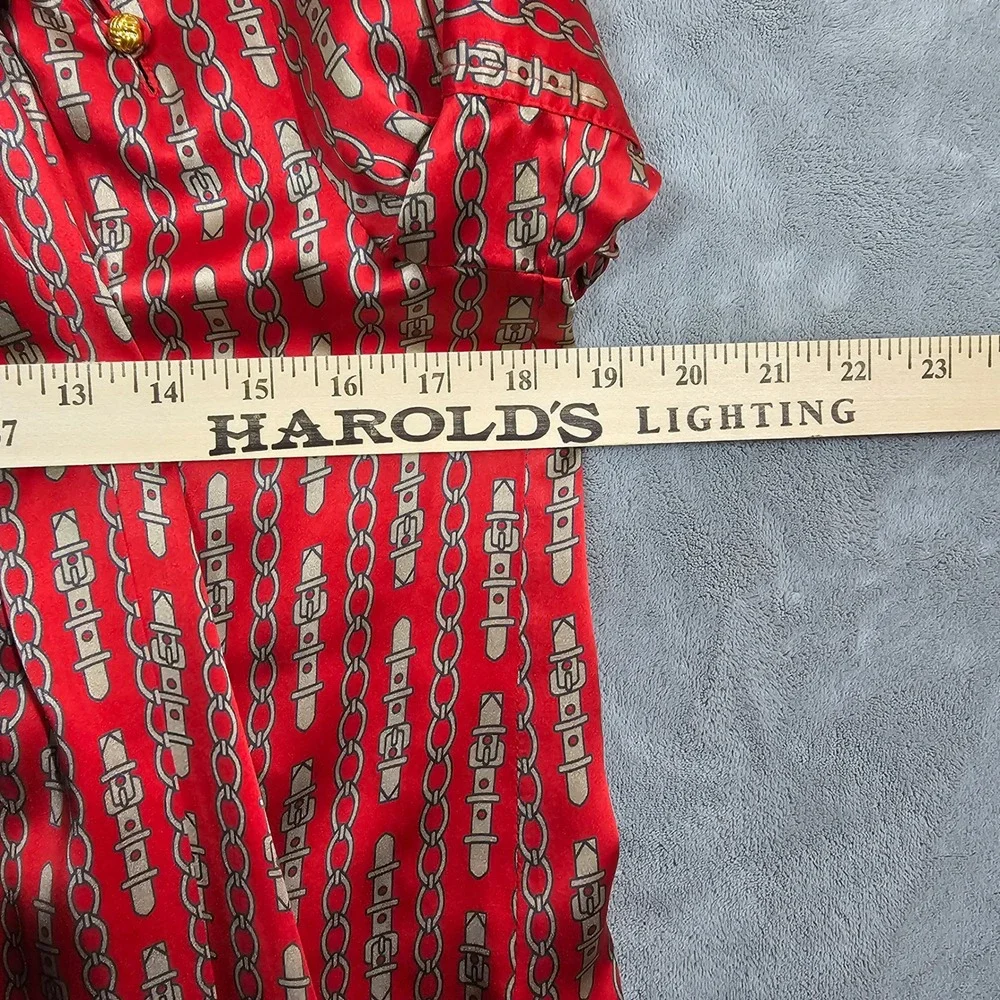 Banana Republic Red Silk Equestrian Chain Print Tie Neck Blouse Petite S